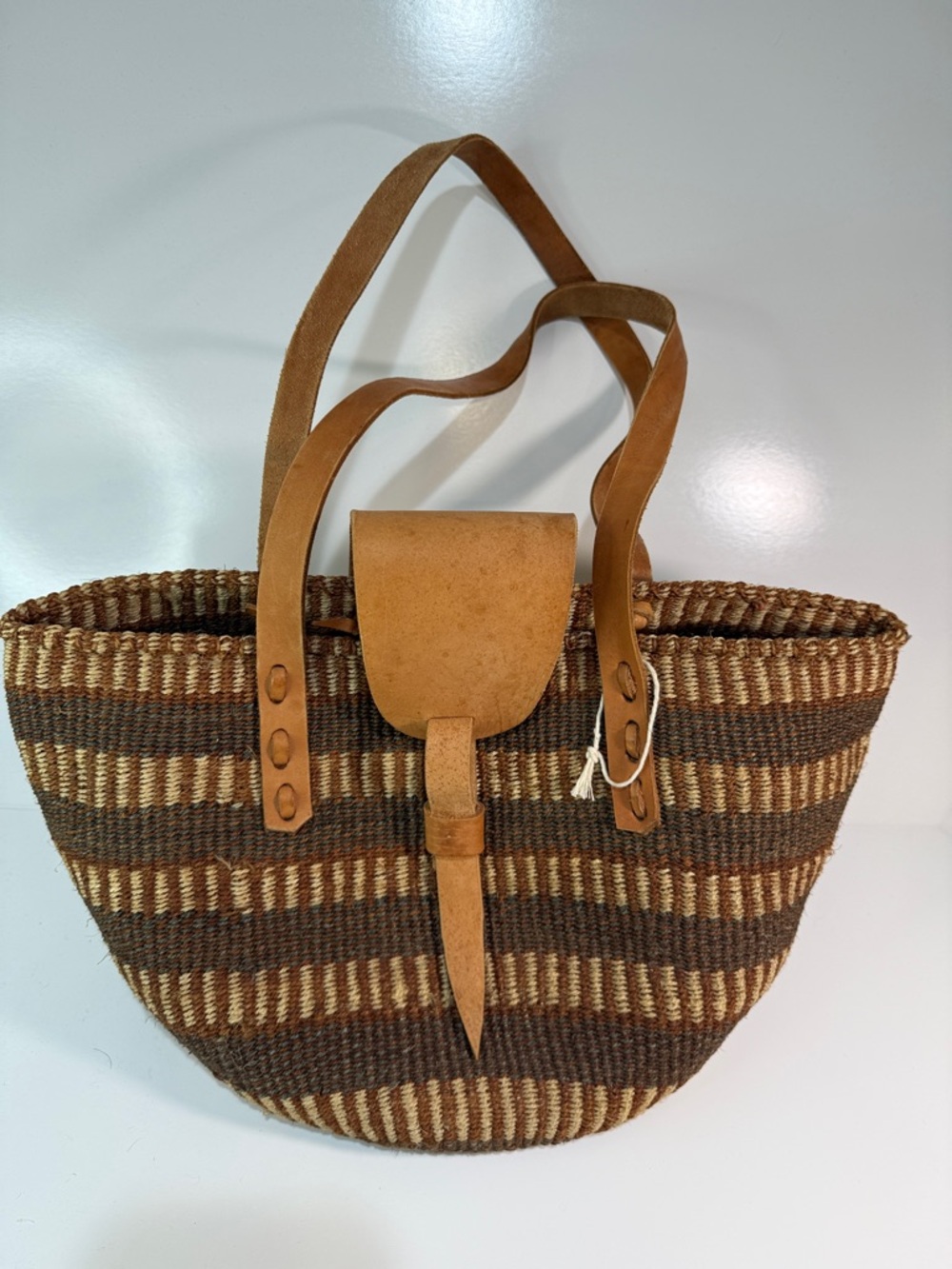 Sisal Woven Market Tote Bag with Leather Trim - Brown & Tan